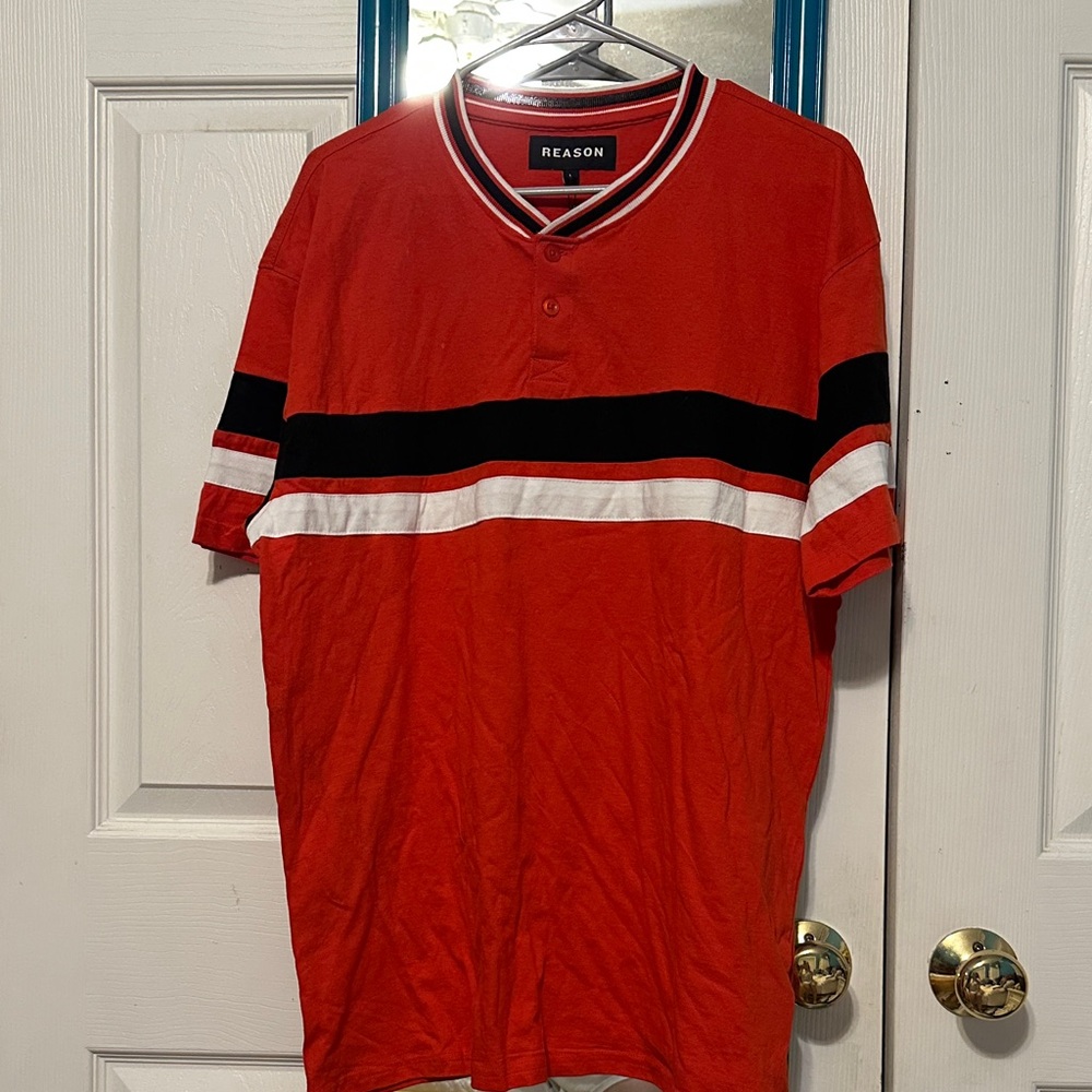 NWT Reason Men's Red Shirt with Black and White Stripes. Size Large